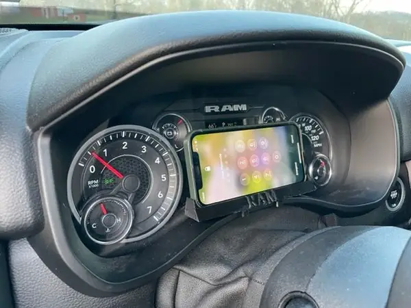 Phone Mount for Instrument Cluster Dash Universal Compatible with Ram Truck and other Vehicles. iPhone 14 Pro with case fits