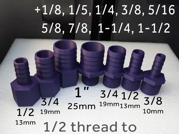 1/2 Pipe Thread to 3/8, 1/2, 3/4 and 1" Hose Barb