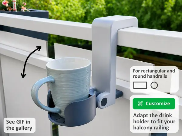 Drink holder for balcony railings – customizable