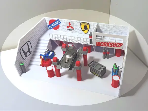 1:64 garage diorama with tools, accessories, LEDs