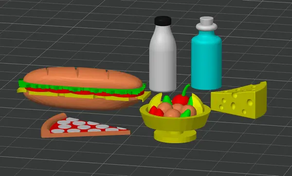 Dollhouse food: Sandwich, Fruit Bowl, Pizza, Cheese, Bottles (Painted for Bambu MMU)