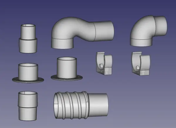50mm air hose, vacuum, or pipe system: Adapter, angle, connector, and clip collection, threaded