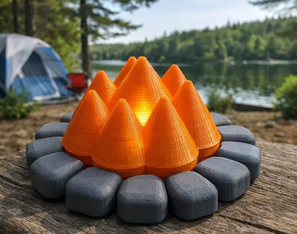 Campfire Pit with Smooth Rocks Ring - LED Tealight - Outdoor Miniature Decor