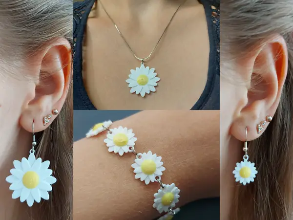 Floral jewelry: Daisy - A set of earrings, bracelet and necklace