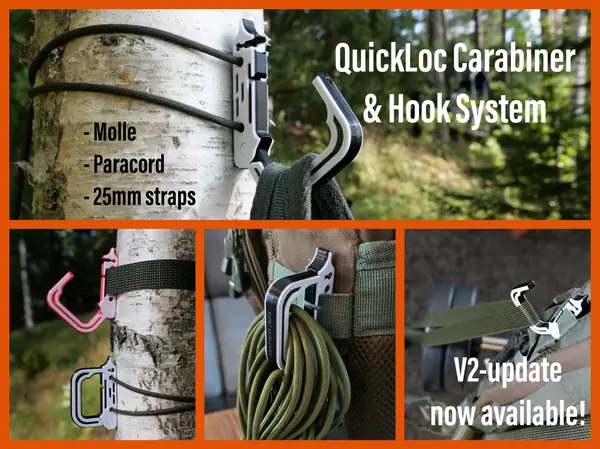 QuickLoc Carabiner and Hook System (print-in-place + molle compatible) V2